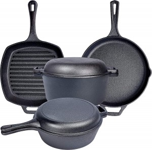 pre-seasoned cast iron casserole  2 in 1  cookware  set  square griddle with helper handle  round skillet
