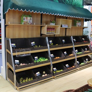 wooden knocked-down supermarket fruit and vegetable display shelf