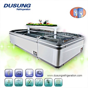supermarket commercial sliding glass curved lid chest combined island freezer