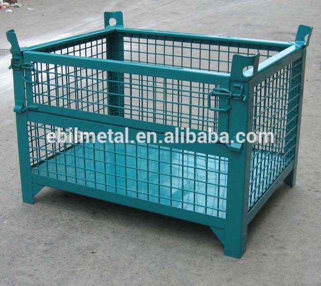 Foldable Wire mesh container box used for warehouse storage with wheels