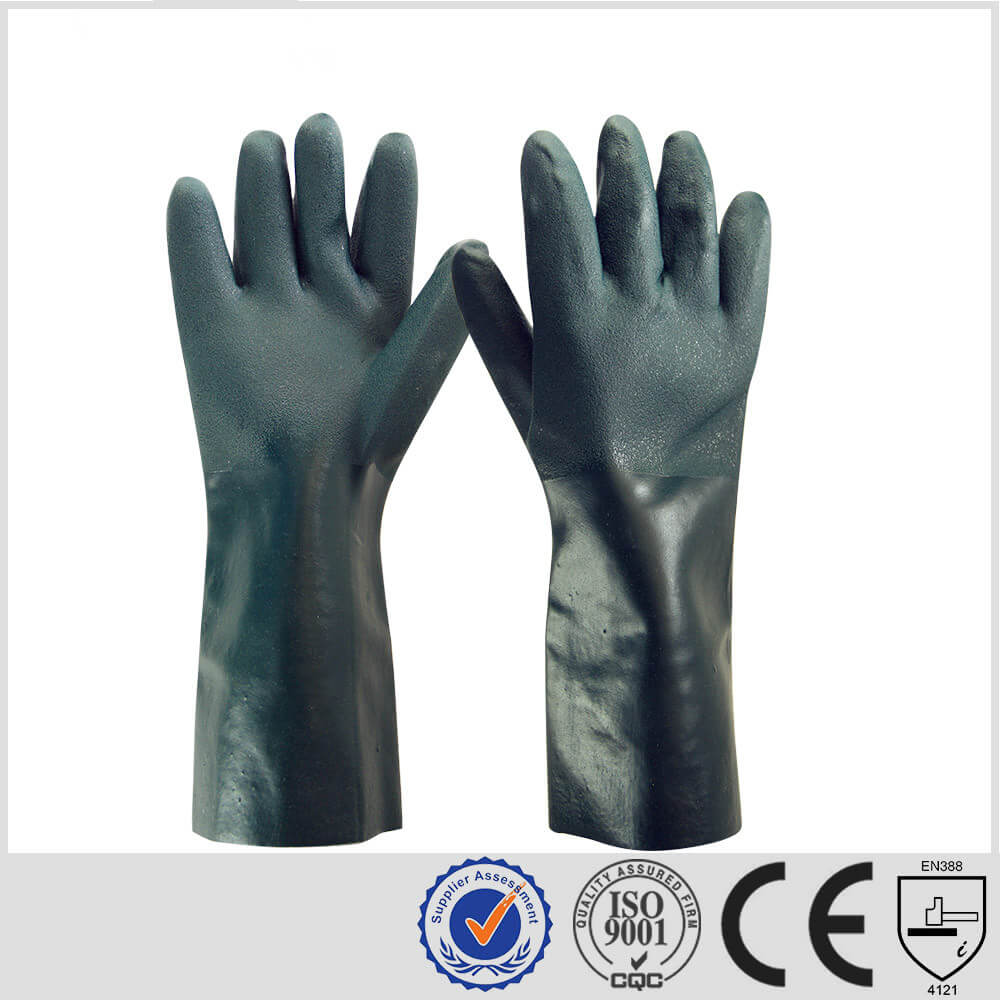 Dark green 35cm cotton liner PVC triple dipping abrasion resistant oil resistant anti-slip safety working gloves PV411