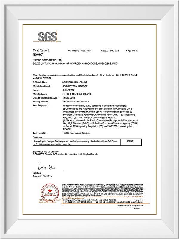 Acuoressure set reach testing report by SGS