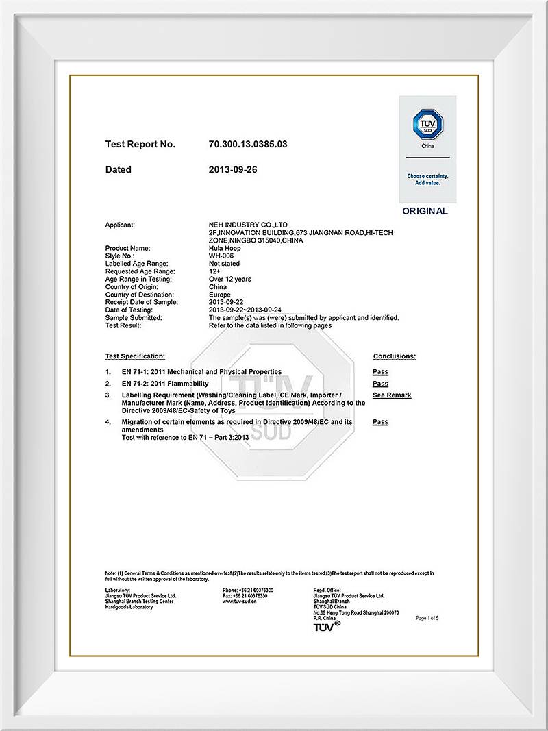 Hulahoop EN71 testing report by TUV