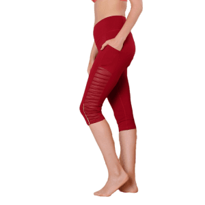 Treningsstudio med høy midje og kvinner striper treningsyoga 3/4 capri mesh leggings med telefonlomme