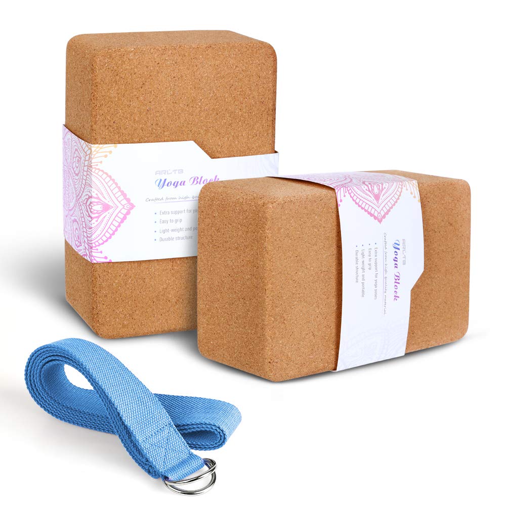 Natural cork yoga blocks with  D-Ring yoga strap Stretch Deeply and comfortable