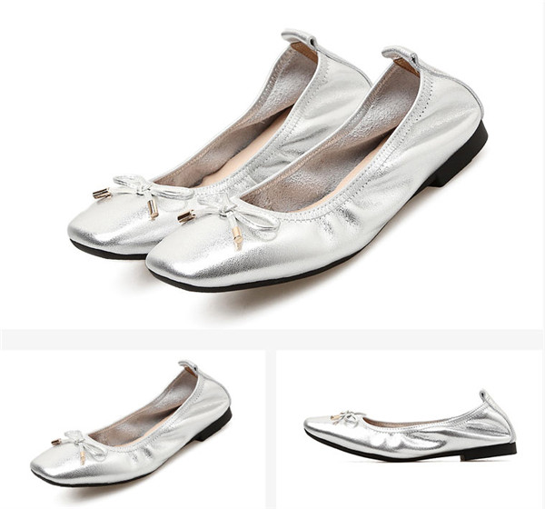 Lady Silver Square Toe Shoes Foldable Ballet Shoes With Toe Bow