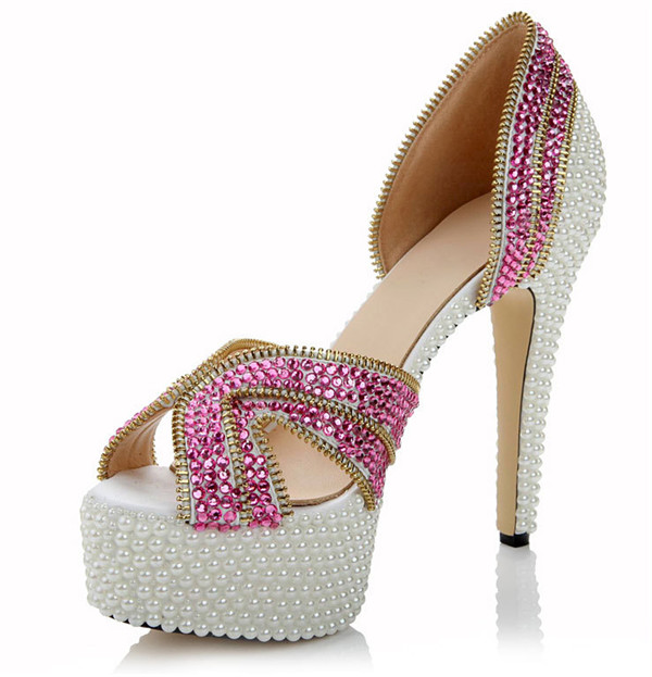 High Quality Sheepskin Inner 14cm High Heel White Crystal Shoes With Pink Rhinestone