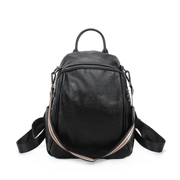 High Quality Fashion Student School Backpacks Black Cowhide