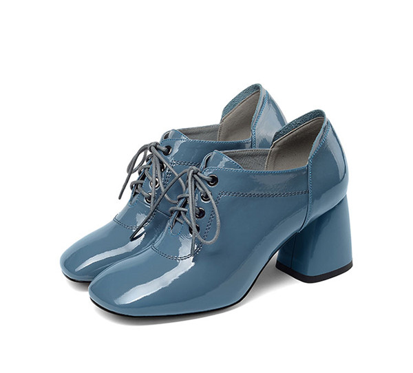 Blue Patent Leather Square Toe Big Heel Shoes 7cm