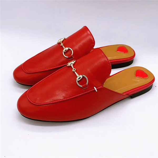 Red Cowskin Half-Slippers Loafers Couple Flat Shoes With Horsebit Buckle