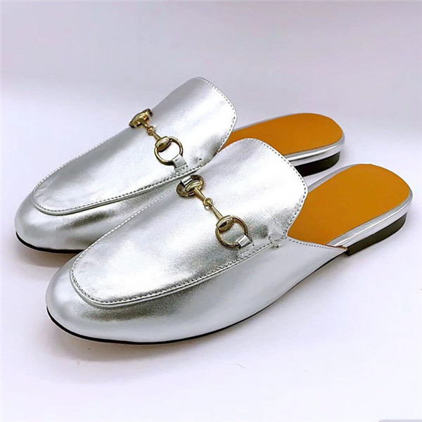 Famous Brand Name Silver Sheepskin Half-Slippers Loafers Big Yard Shoes Flat Outdoor