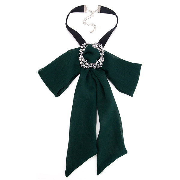 Pretty Green Bow Corsage Beautiful Alloy Rhinestone Yarn Corsage Bohemian Necklace