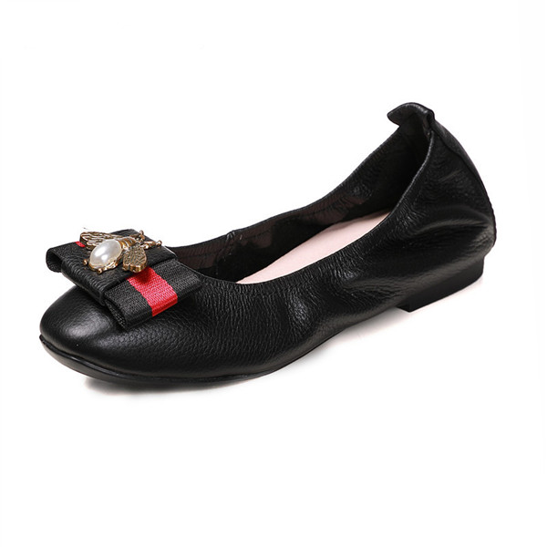 OEM Big Yard Shoes Ladies Genuine Leather Foldable Ballet Shoes With Toe Flower