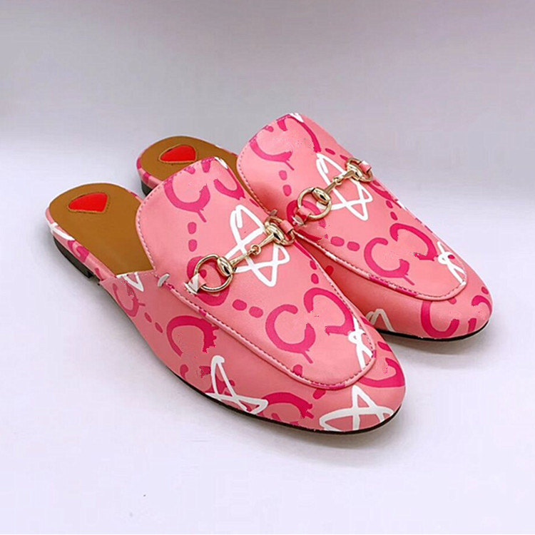 Printed Cowhide Flat Loafers For Women And Men Outdoor Half Slippers Pink