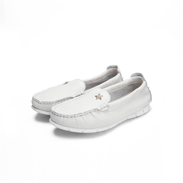 OEM Ladies Pure White Leather Slip-On Soft Sole Flat Shoes