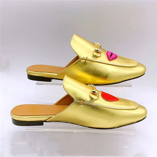 Famous Brand Patent Leather Shoes Gold-Plated Flat Half-Slippers Loafers 35 To 46