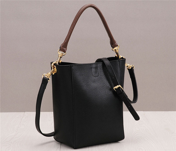 High Quality Black Cowhide Leather Bucket Bag For Woman Shoulder Bag
