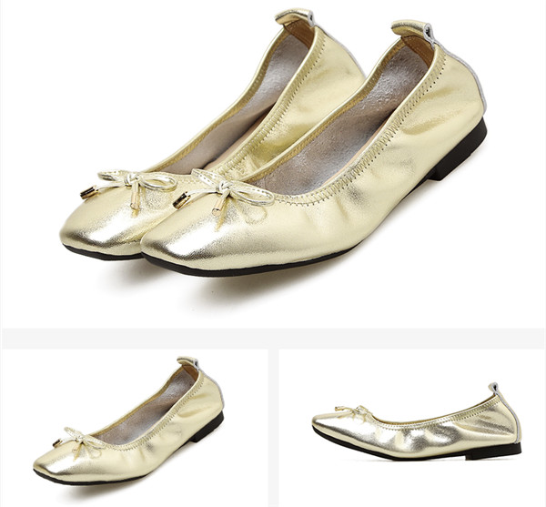 Golden Leather Shoes Women’S Foldable Ballet Shoes