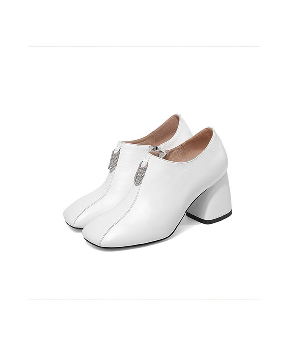 7cm Slip-On White Cowhide Thick Heel Famous Brand Shoes