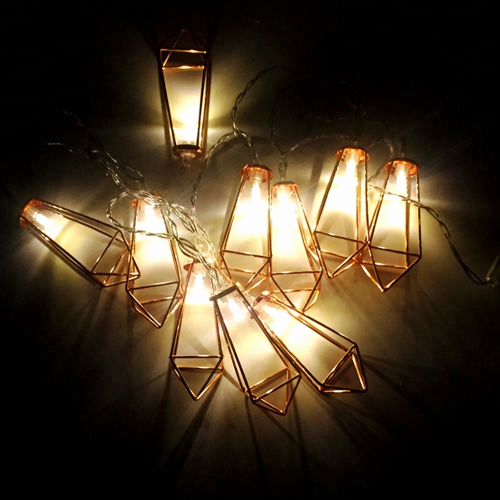 20 LED Rose Golden Geometric Cage Lantern String Lights Battery Operated Fairy String Lights