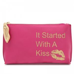 Women makeup purse hard pouch pu lip shape zip puller gold stamping logo cosmetic bag