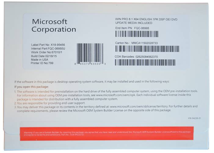 Microsoft Windows 8.1 Professional OEM Pakend