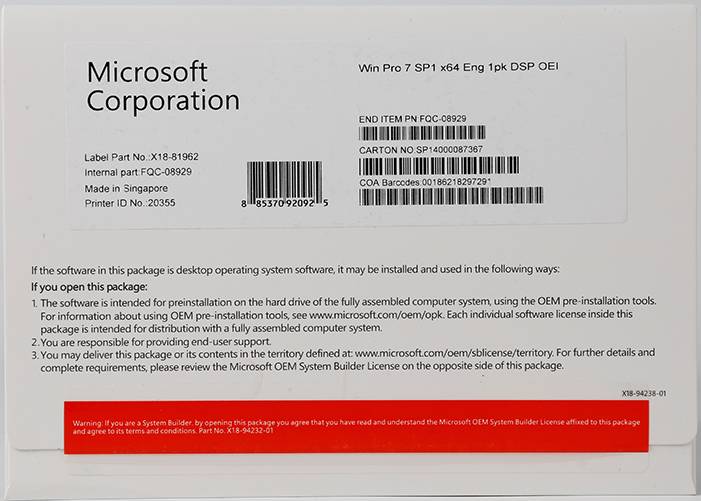 Microsoft Windows 7 Professional OEM Package 32 Bit / 64 Bit Wa