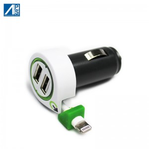 USB Car charger Apple certificated 3 Port Lightning Connector Car Charger with Retractable Lightning cable Quick Charge Car lighter Mobile phone car charger CE EMC FCC approved