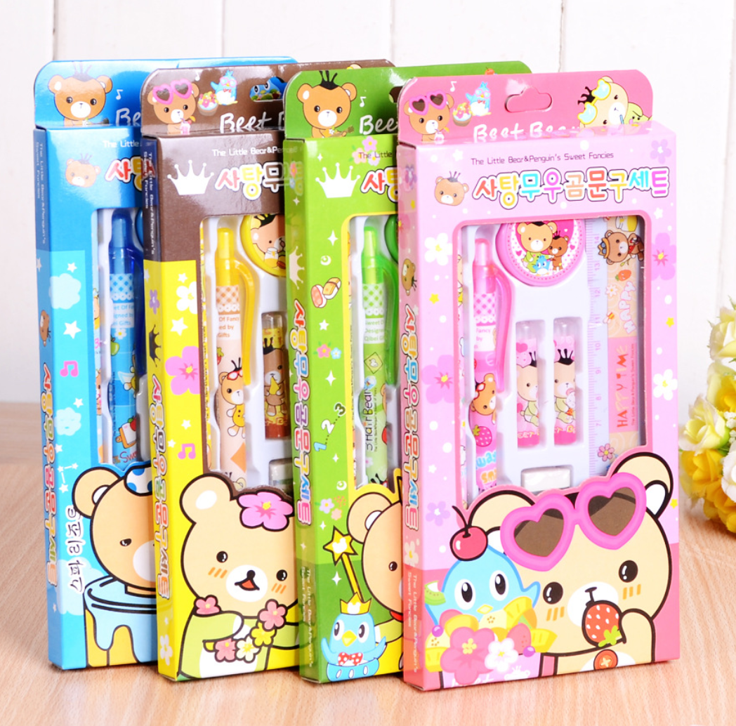 China 7 Pieces Stationery Kids Set Cute Bear Pattern Blue/Yellow/Green/Pink  Manufacture and Factory