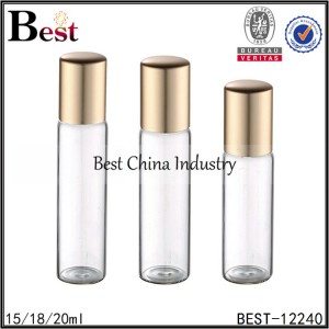 big clear tube glass bottle with metal roller gold aluminum cap 15/18/20ml