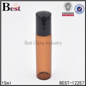 amber tube glass roll on bottle stainless roller black plastic cap 15ml