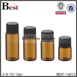 amber round tube bottle with black ribbed plastic cap 5/8/10/12ml