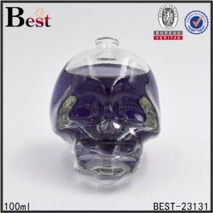 skull head glass perfume bottle with crimp on neck 100ml