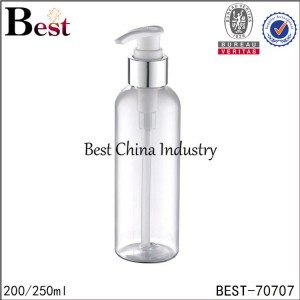 clear PET plastic bottle with gold aluminum lotion pump 200ml 250ml
