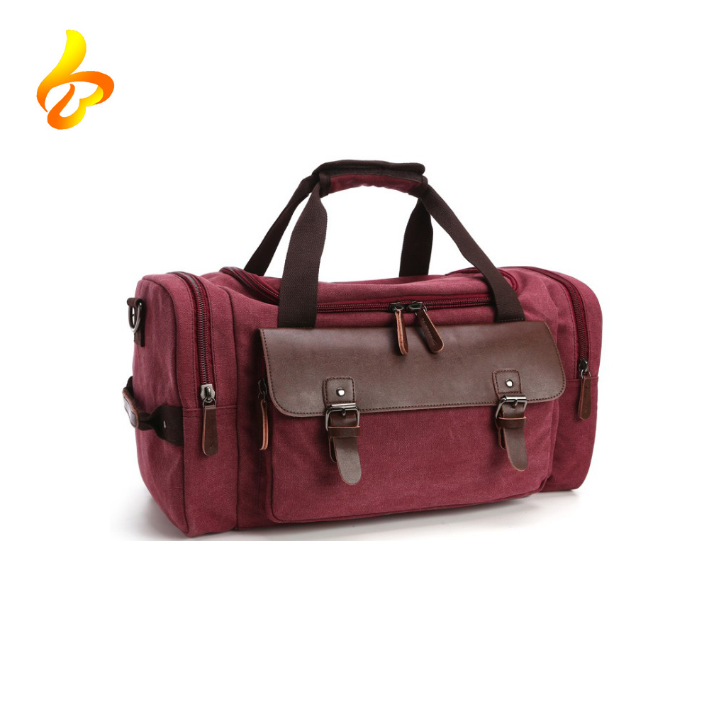 Canvas Genuine Leather Trim Travel Tote Duffel Shoulder Handbag Weekend Bag For Men And Women