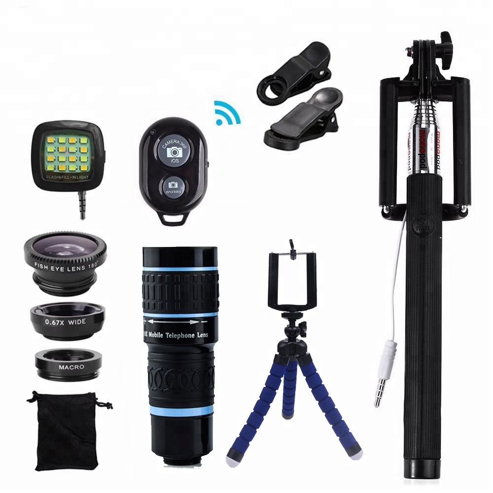 12 in 1 lens Kit, 180 degree Fisheye  0.65 Wide Angle  Wide Angle 18x External Telephoto Lens For Mobile Phone
