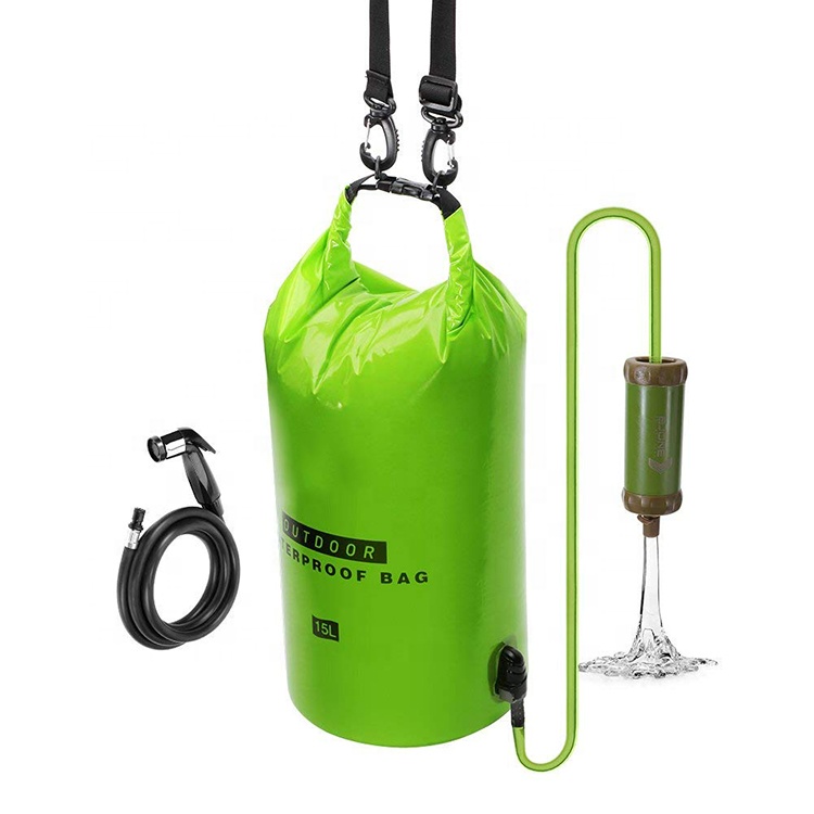 Water Filter Bag 2 Strap 1 Shower And 1 Hollow Fiber PVC Portable Dry Bag 15L For Outdoor Camping and Adventures