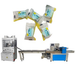 Línia de màquines d'embalatge de bosses de coixí i premsat de cubs de rentavaixelles de 180 unitats/min d'un client txec