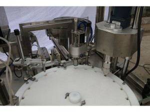 Small bottle filling, plugging & capping machine