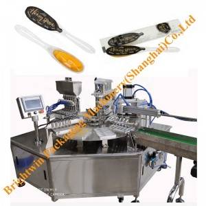 Trade assurance automatic rotary honey yogurt jelly juice water spoon filling sealing machine
