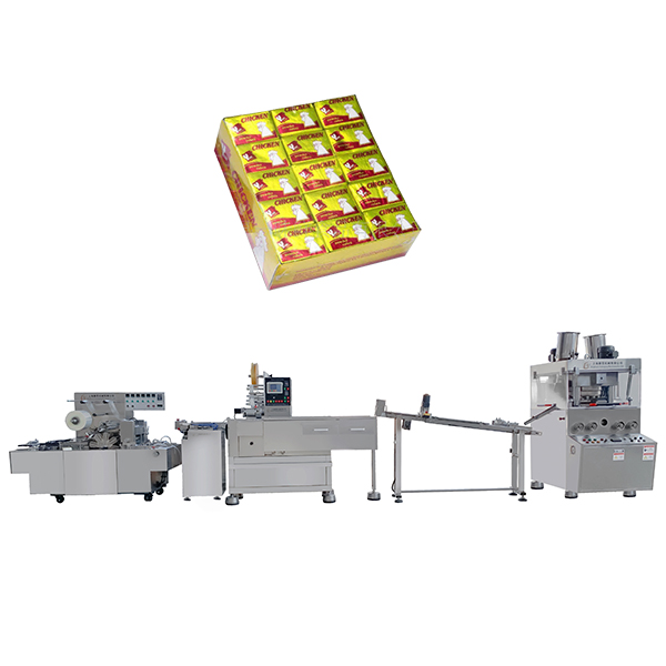 Guinea client's chicken bouillon cube pressing wrapping tray packing and 3D over wrapping machine line