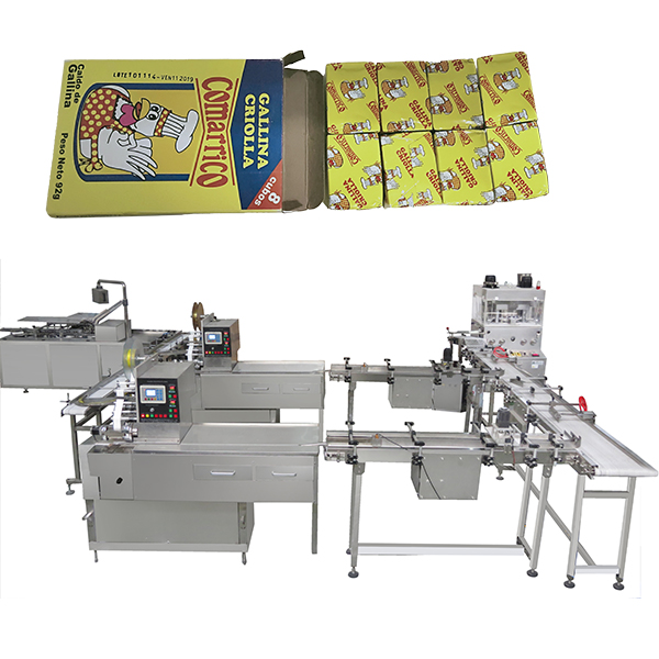 A Colombian client's 360pcs/min 10g chicken cube pressing wrapping box packing machine line