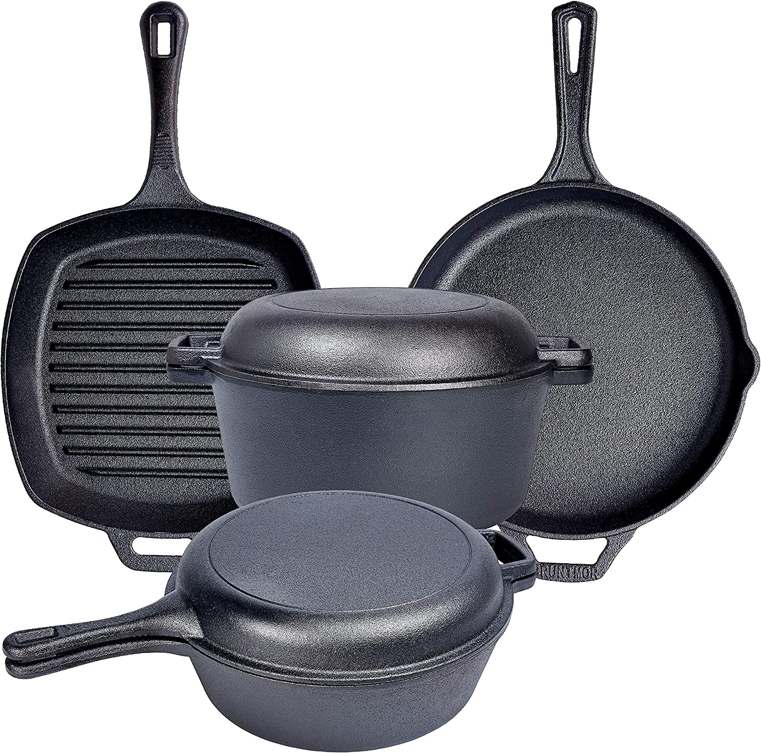 pre-seasoned cast iron casserole  2 in 1  cookware  set  square griddle with helper handle  round skillet Featured Image