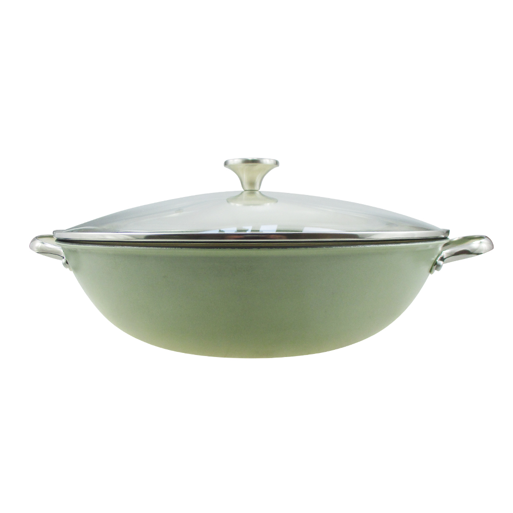 light weight enamel cast iron wok with glass lid