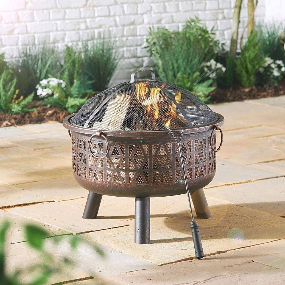 Fire Pit Bowl with Spark Guard & Poker Outdoor Black Steel Garden Patio Heater/Burner for Wood & Charcoal