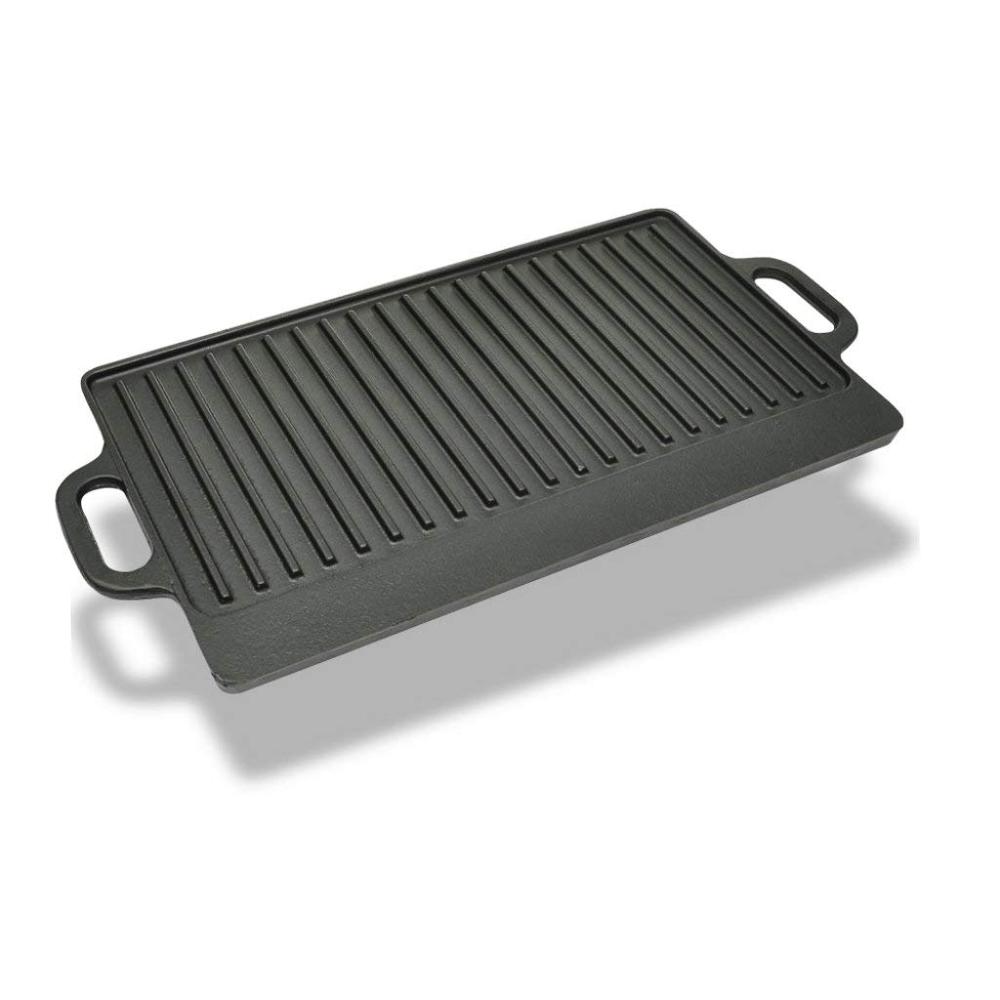 Reversible BBQ Barbecue Grill Plate Platter with Smooth Side and Ribbed Side, Cast Iron
