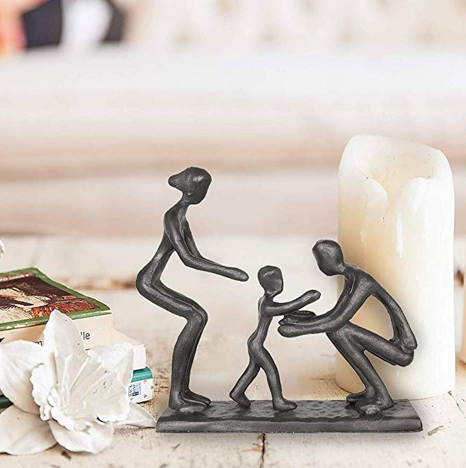 Rustic Family Figurines, Cast Iron Art Home Decoration Statue with Gift Card for Anniversary Birthday (Family of Three)