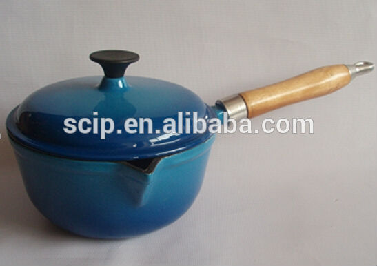 cast iron cookware sauce pan with wooden handle