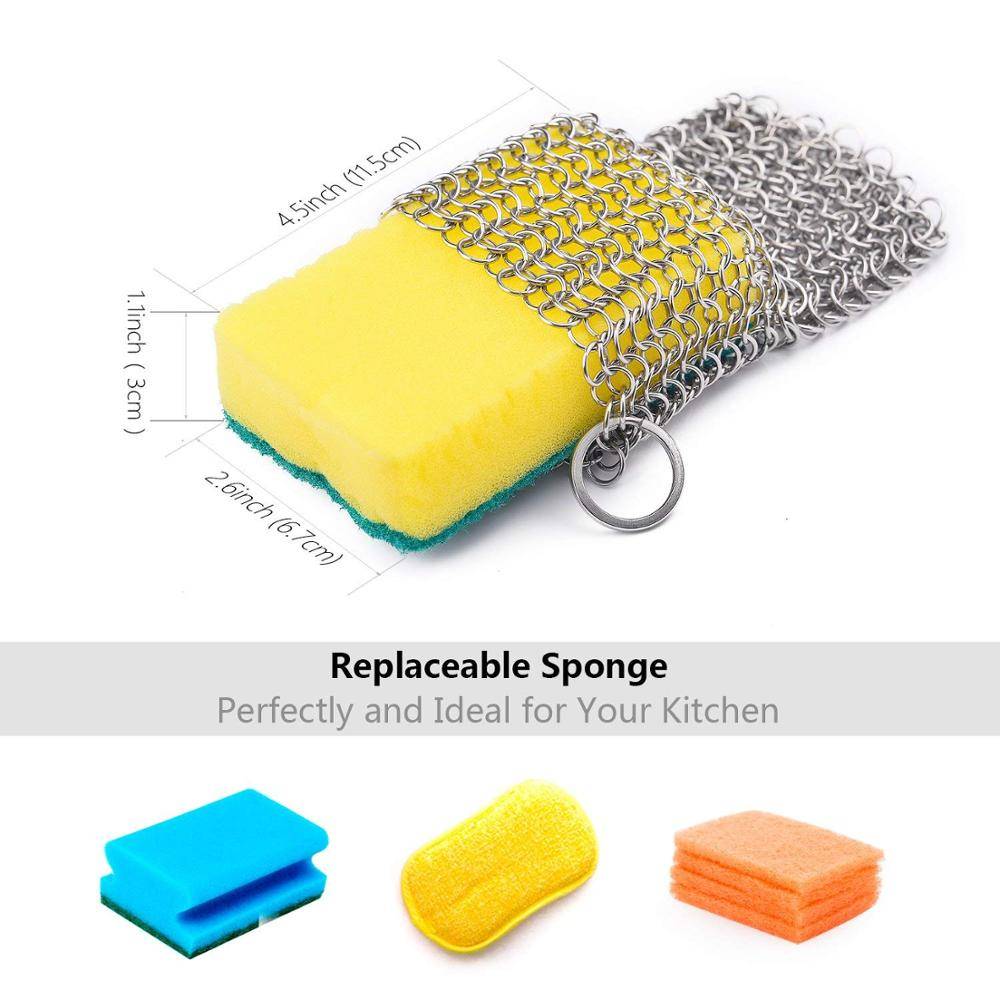 Cast Iron Cleaner Stainless Steel Cleaning Brush Net with Sponge for Kitchenware and Grill, Chainmail Scrubber – Perfect for Hom