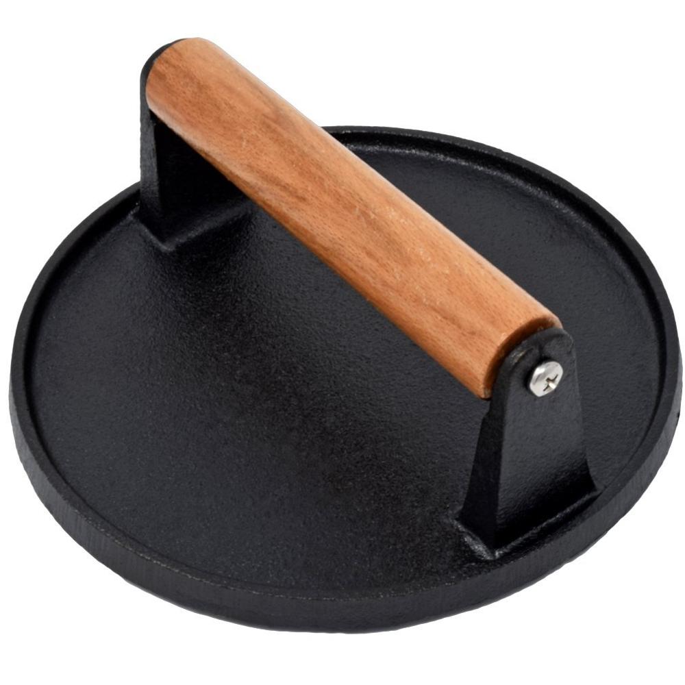 Round 7-Inch Cast Iron Bacon Press with Wood Handle